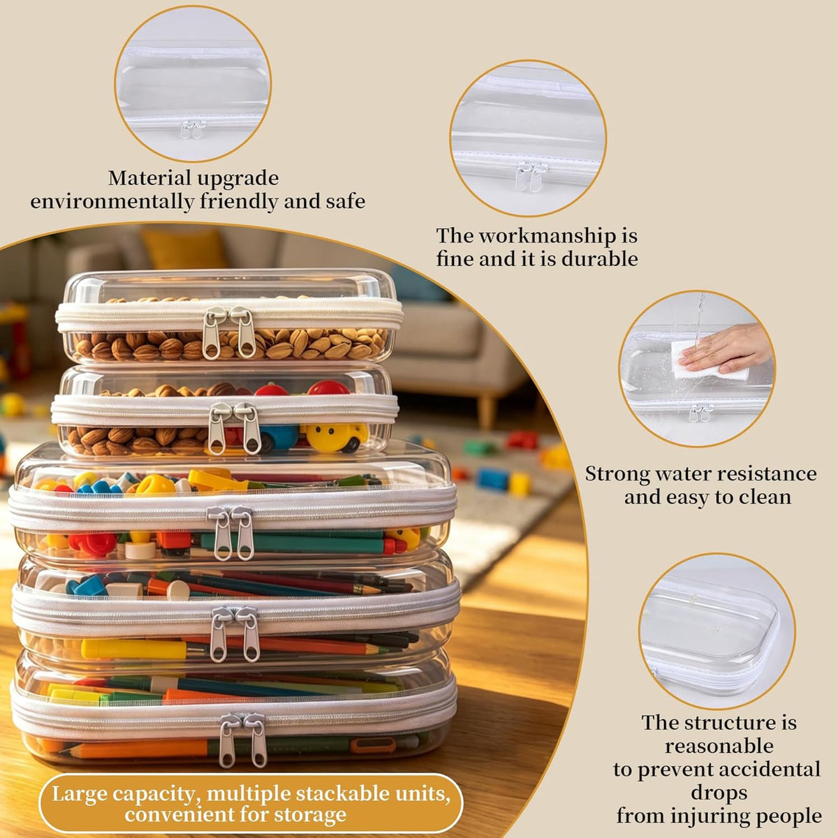 5-Pack Clear Hard Shell Zipper Cases with Lids - Large & Small Storage Pouches
