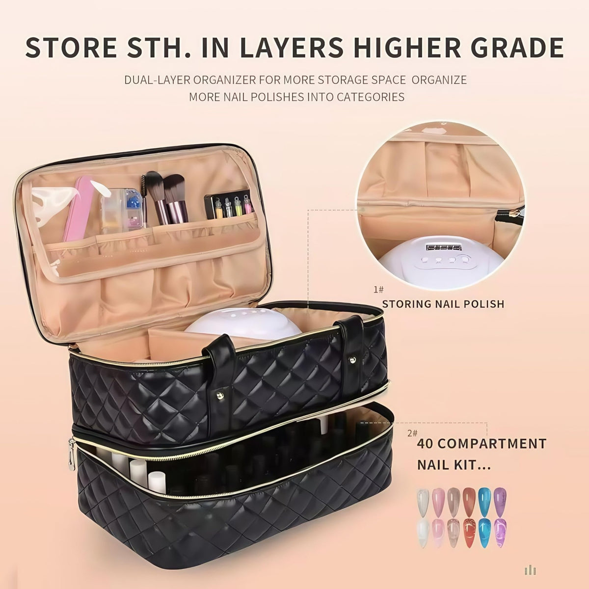 Nail Polish Organizer Case Holds 40 Bottles with Lamp Storage - Pink