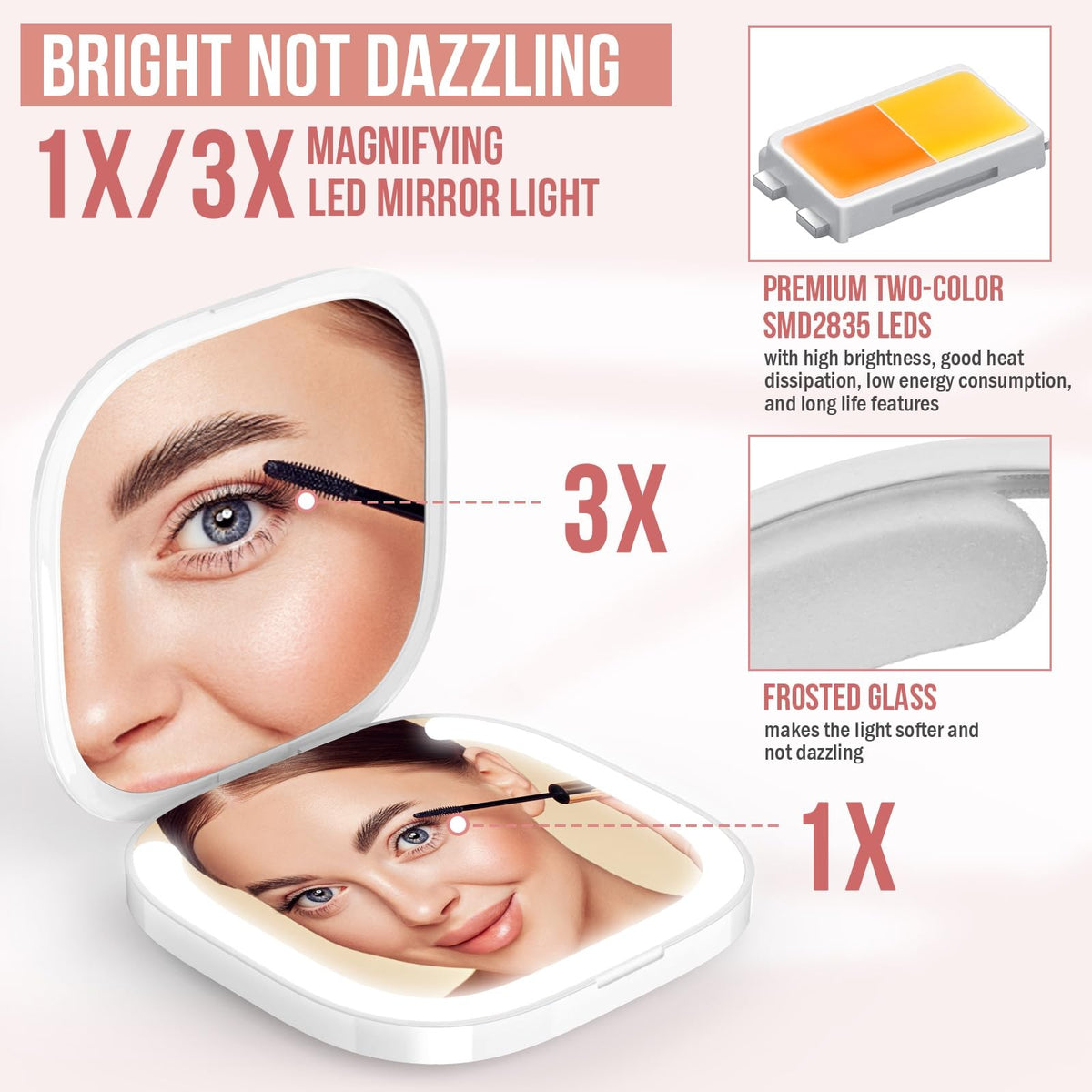 Rechargeable LED Compact Makeup Mirror with 3X Magnification and Adjustable Light