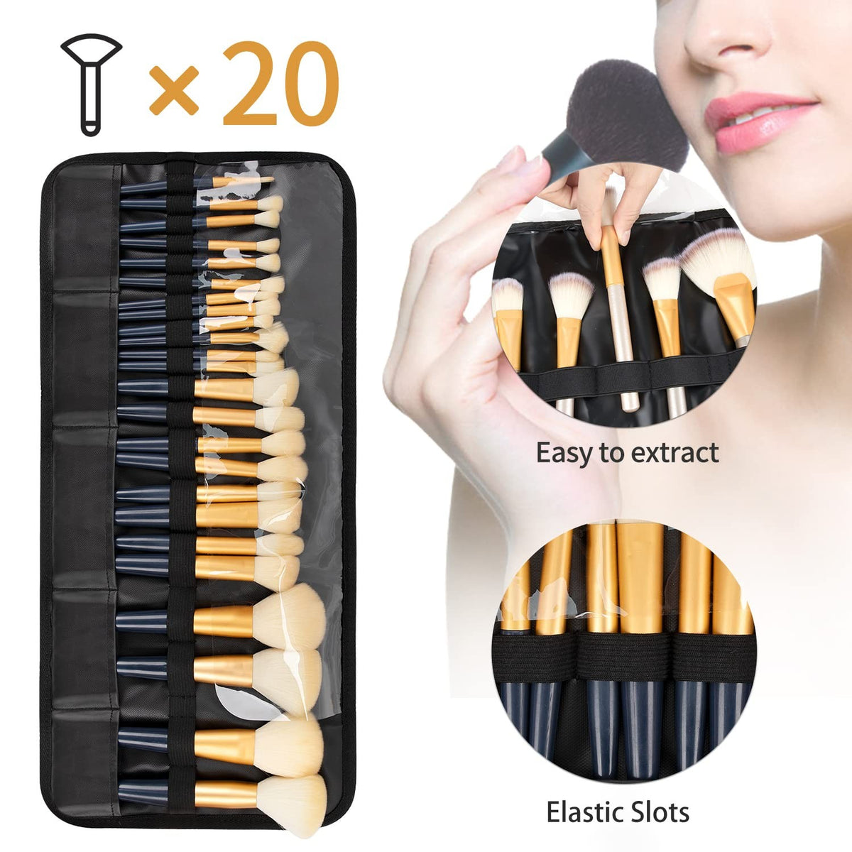Makeup Brush Holder Roll-Up Bag - Compact Large Capacity Organizer for Cosmetics & Art Supplies, Black Rhombus