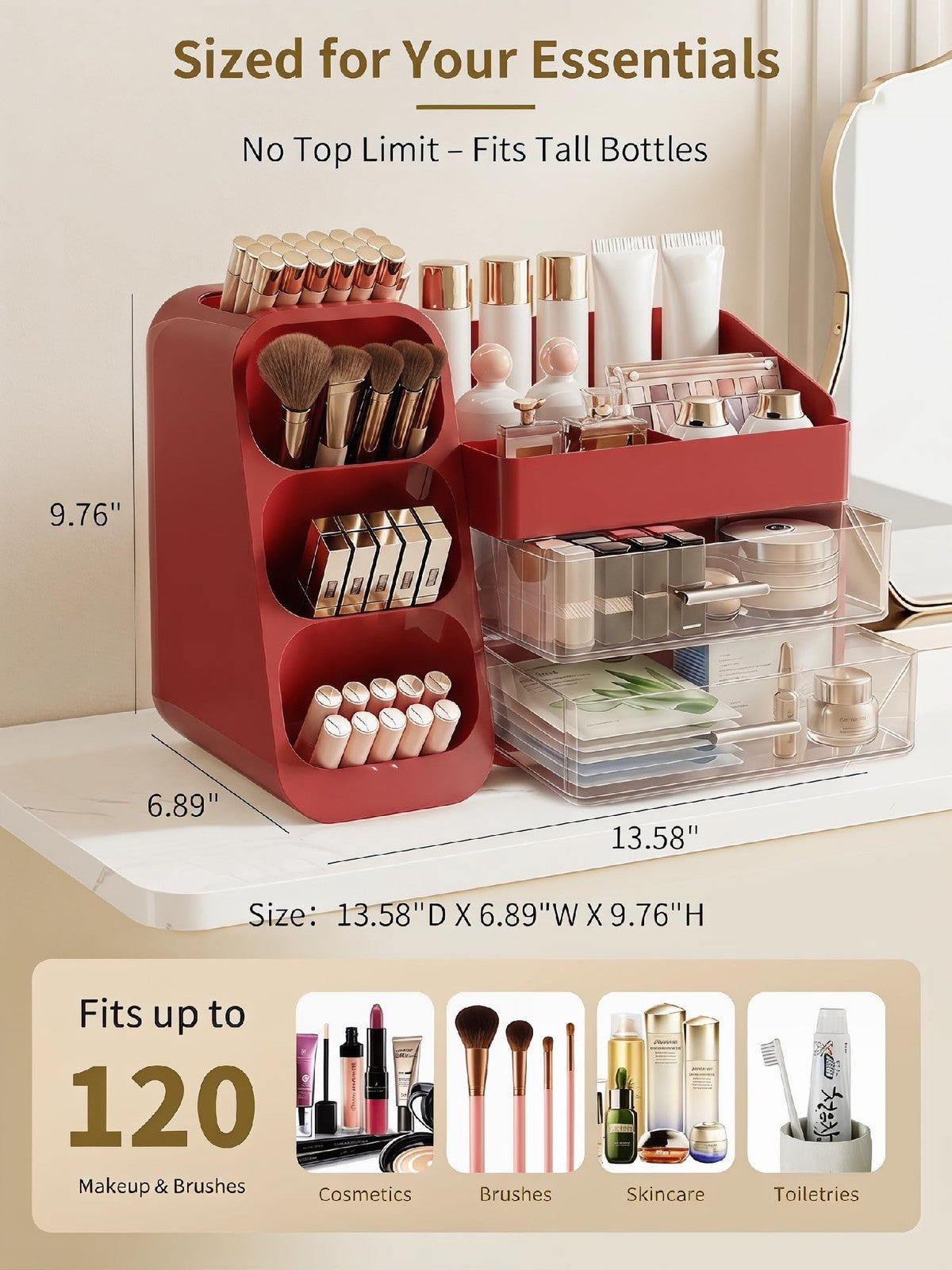 Red Makeup Organizer with Drawers, Large Capacity Vanity Storage Case