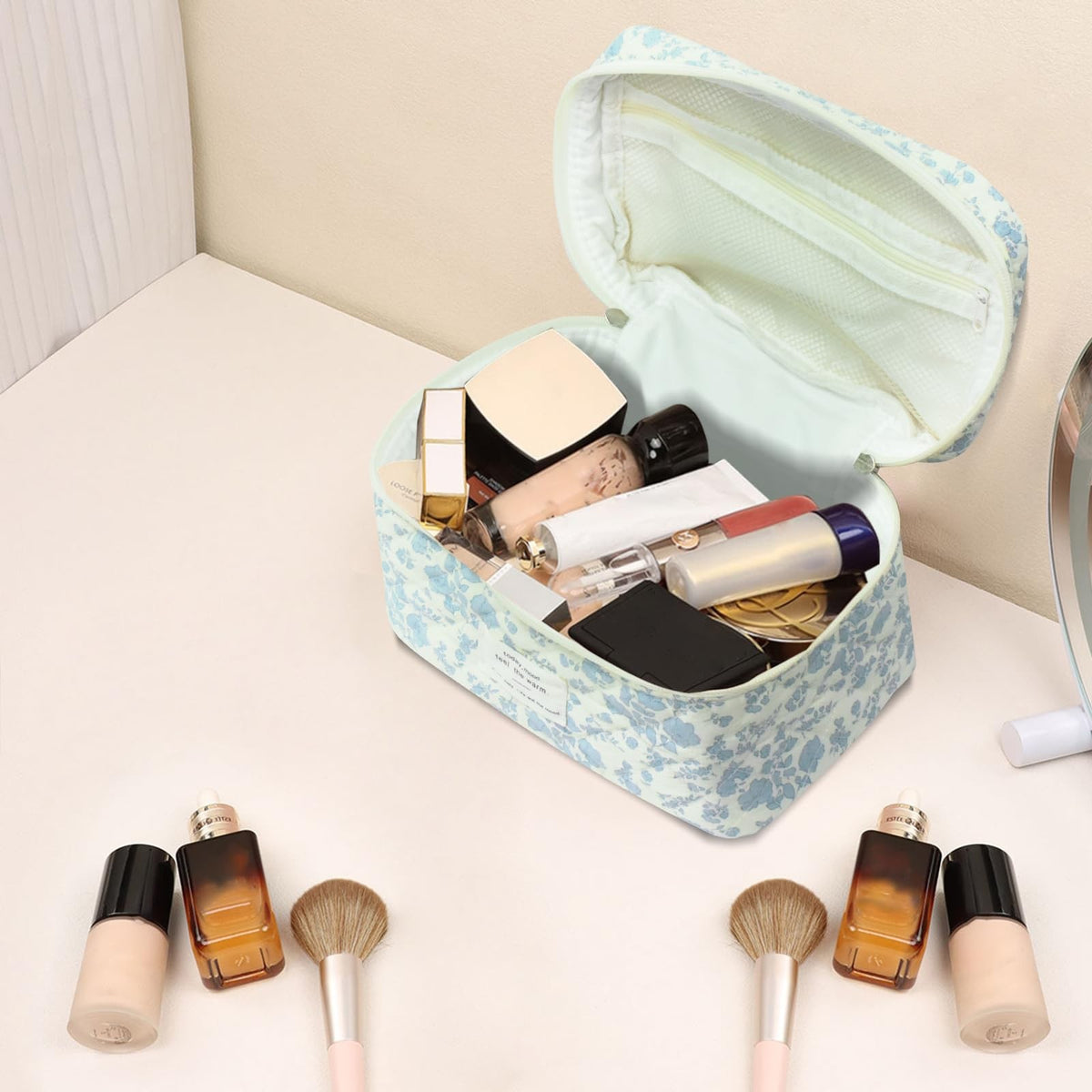 Large Floral Makeup Bag - Travel Cosmetic Organizer with Zipper