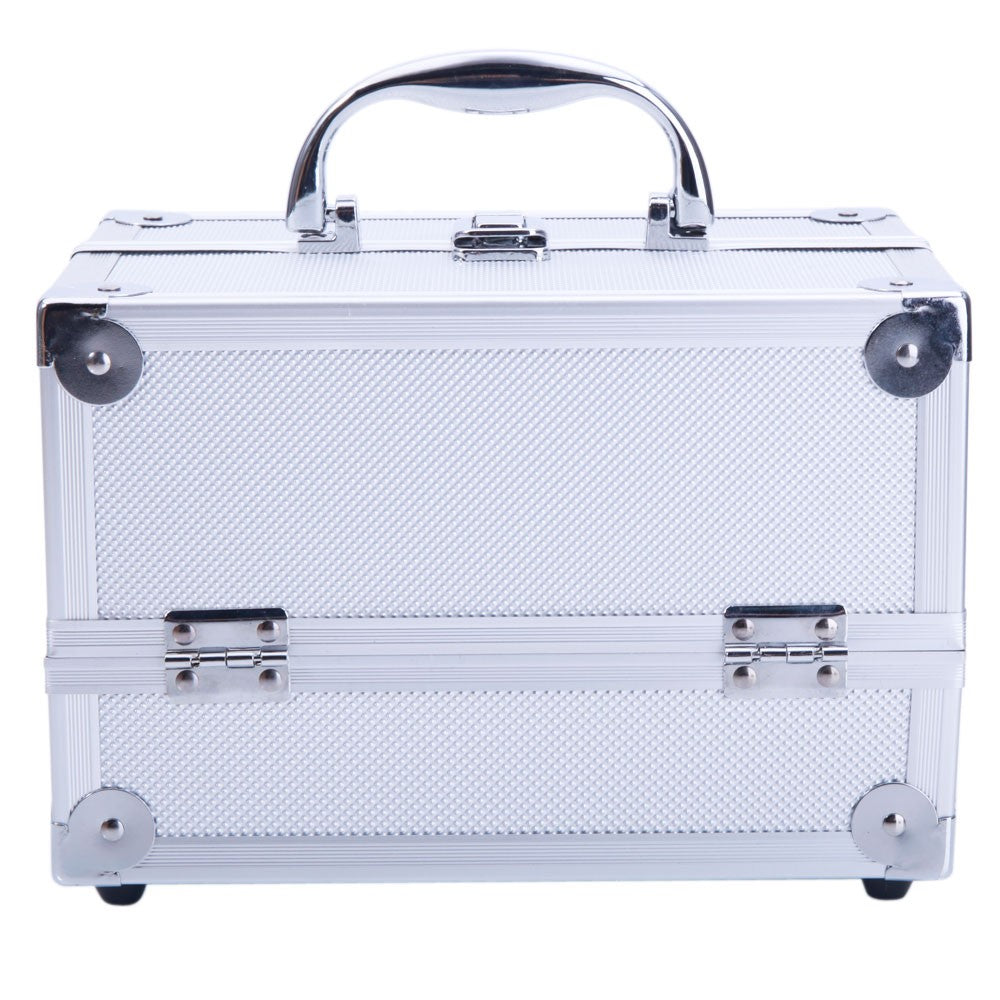 Aluminum Makeup Train Case Jewelry Organizer with Mirror - Silver