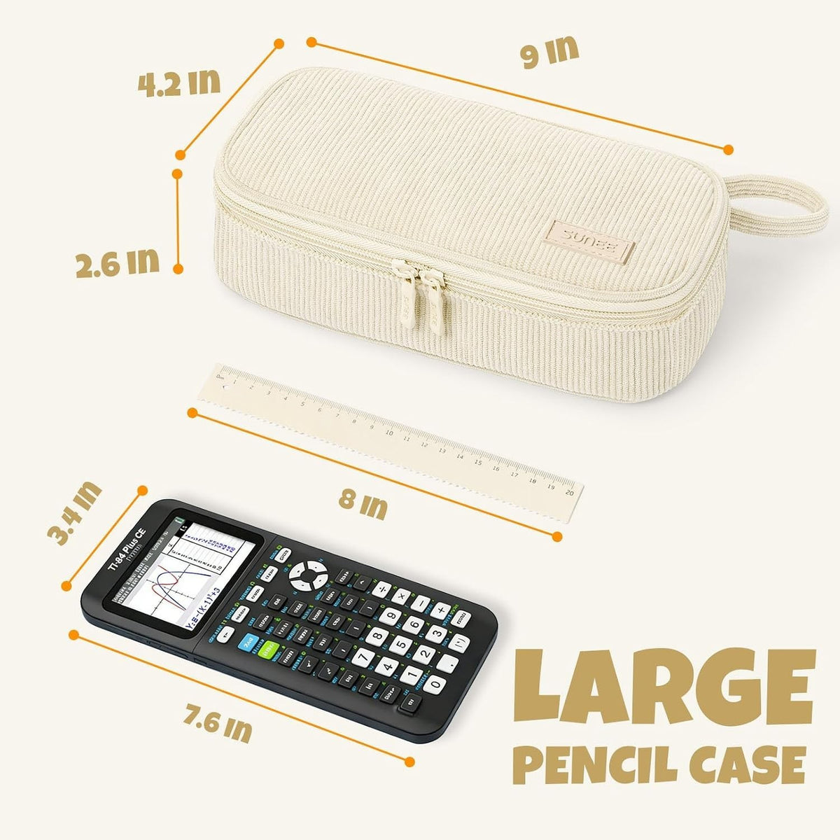 Beige Corduroy Pencil Case with Zipper - Spacious Stationery Organizer