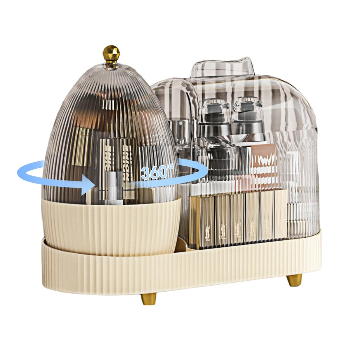 Rotating Makeup Organizer with Brush Holder - Vanity Storage with Dust Cover