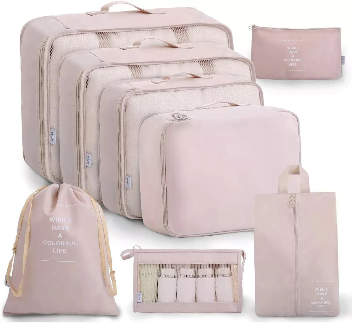 Travel Packing Cubes Set 8 Pieces with Toiletry & Shoe Bags - Beige