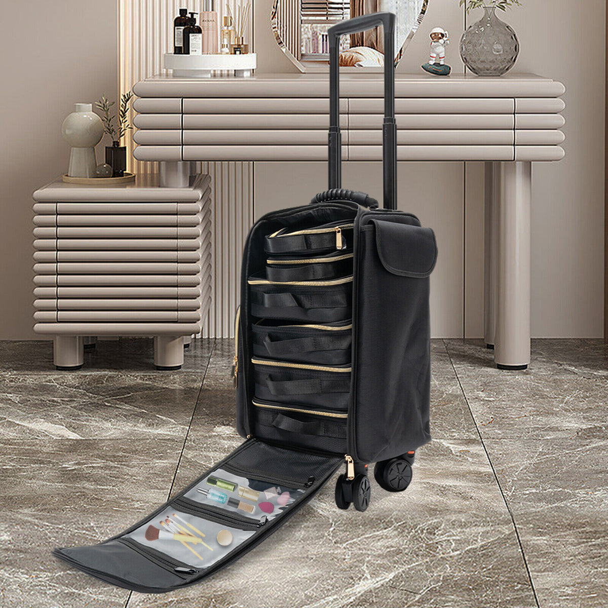 Rolling Makeup Train Case with Cosmetic Storage Organizer for Professionals