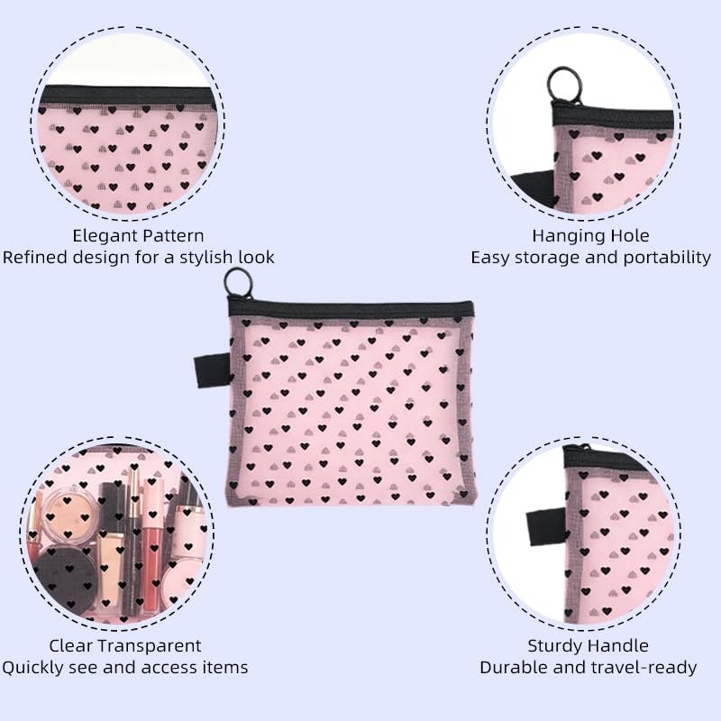 Heart Print Mesh Makeup Bags Set - 4 Pcs Cosmetic & Toiletry Organizer