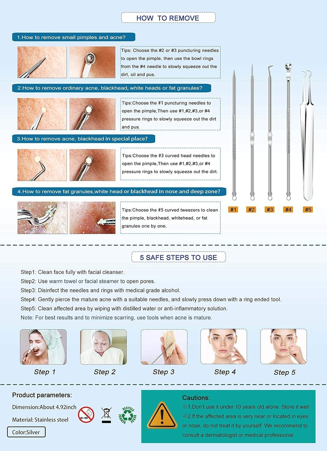 Comedone Extractor Set 5PCS - Blackhead Removal Tools for Facial Skin Care