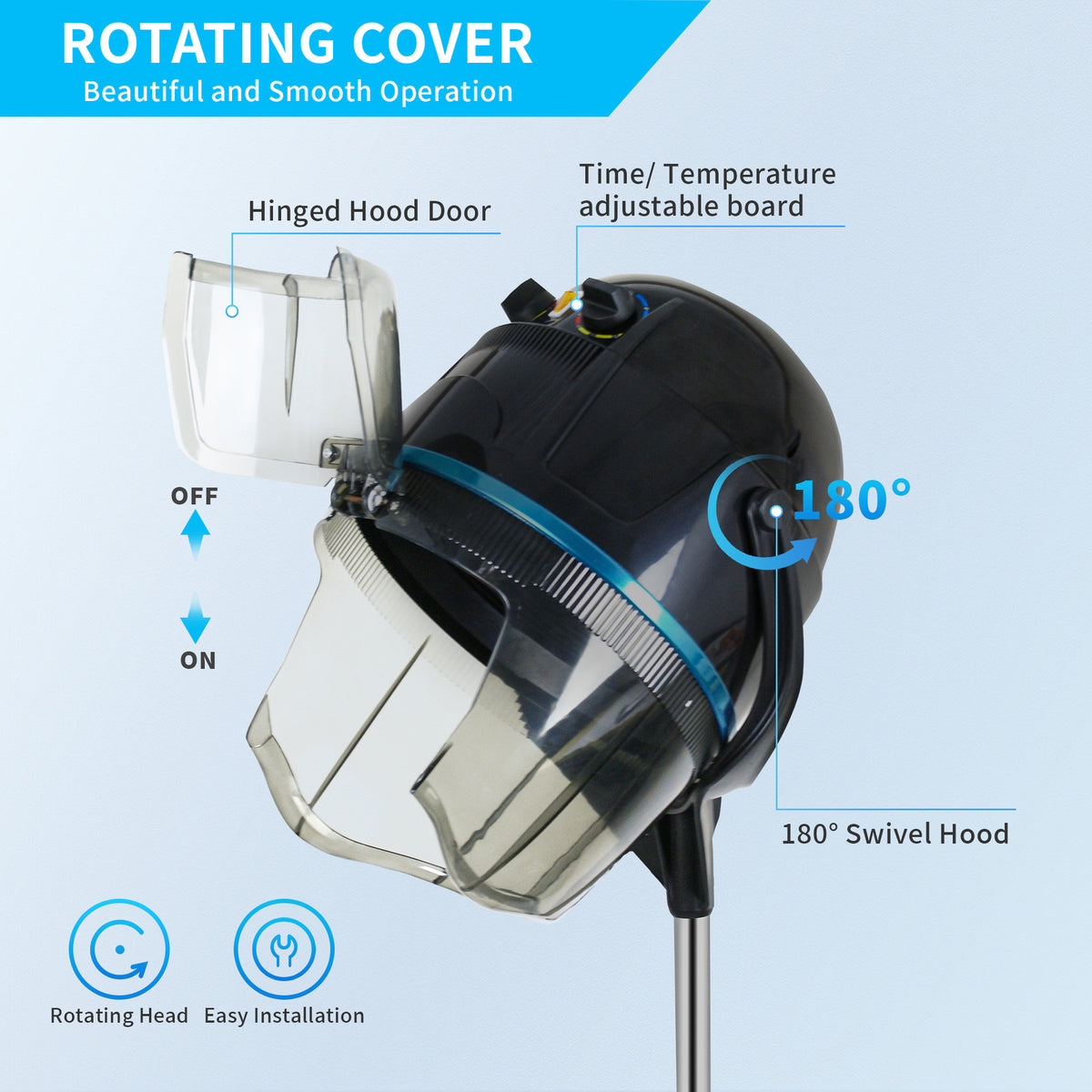 1300W Adjustable Hooded Hair Dryer Salon Equipment with Swivel Casters
