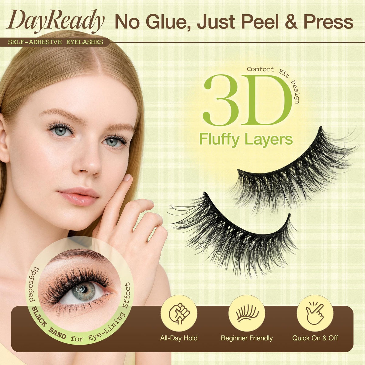 Self Adhesive False Eyelashes Natural Look Press-On 5 Pairs, Black
