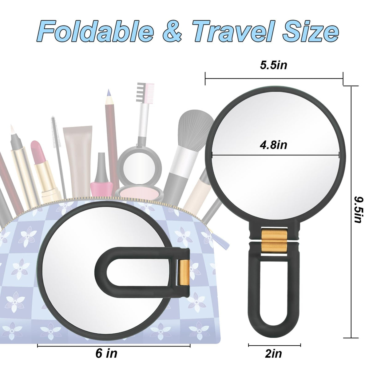 20x Magnifying Travel Handheld Mirror with Foldable Handle Black