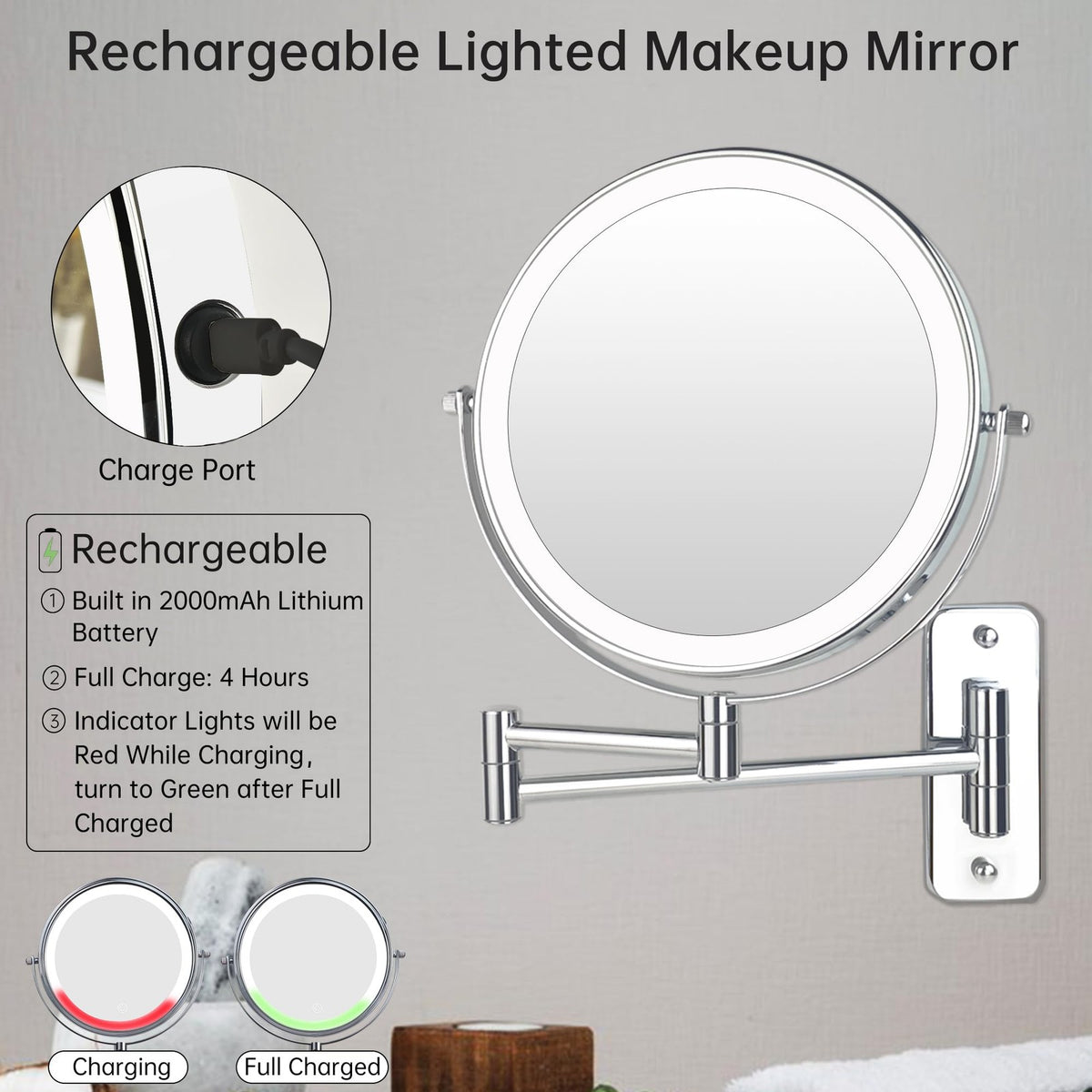 8-Inch Rechargeable Wall Mounted Lighted Makeup Mirror with 10X Magnification and 3 Lighting Modes