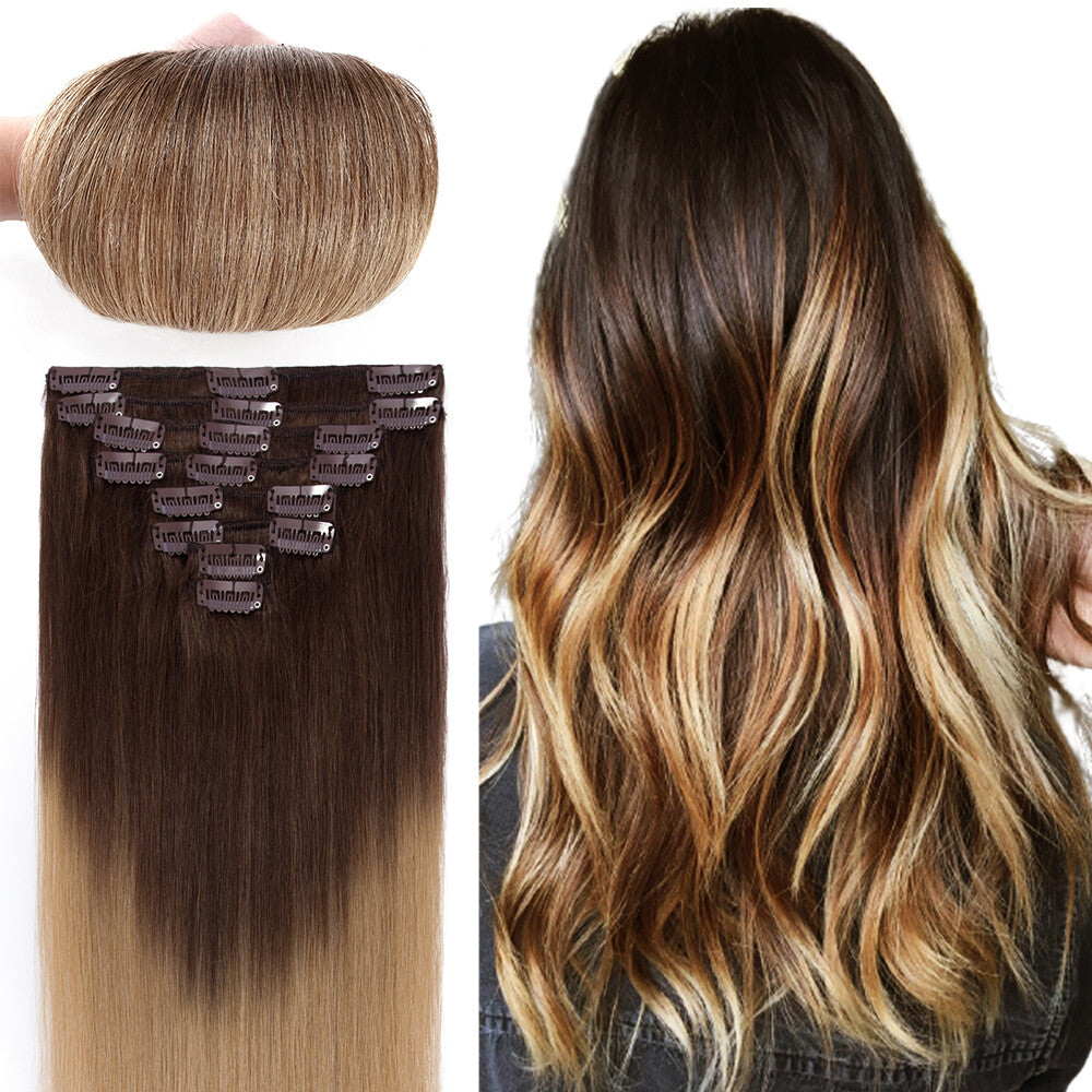 Clip-In Hair Extensions Full Head Set - Remy Human Hair, Multiple Colors & Lengths