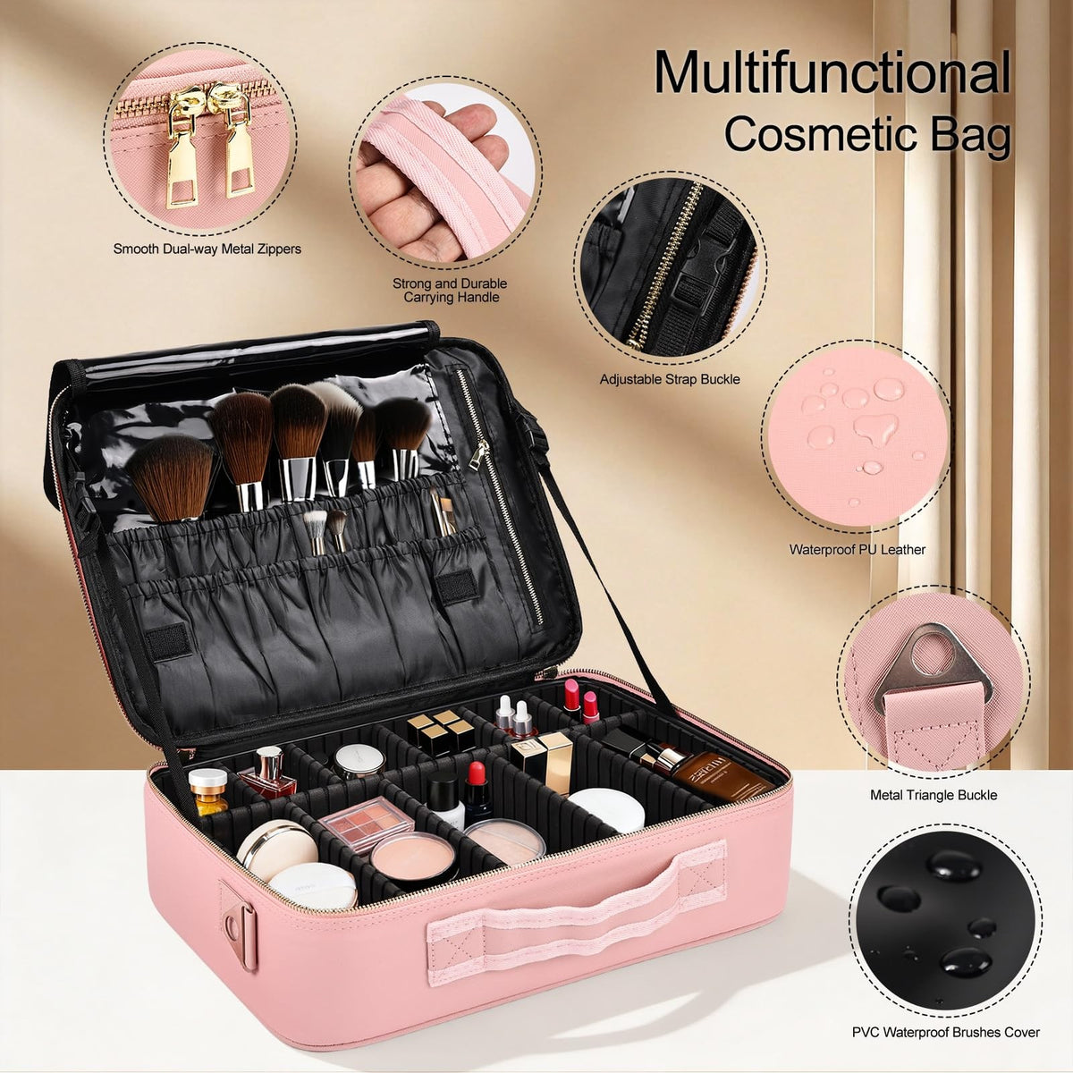 Large Travel Makeup Case Organizer - Waterproof PU Leather Cosmetic Bag with 10 Removable Dividers