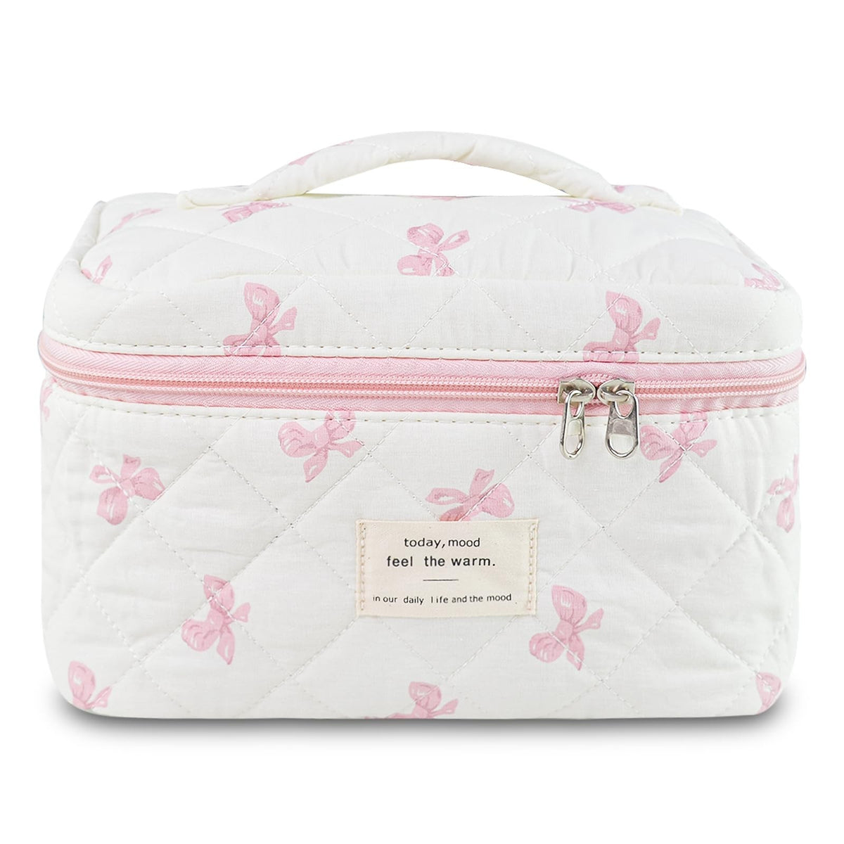 Pink Quilted Makeup Bag with Bow - Large Cosmetic Organizer 9.8x6.3x6.3 Inches