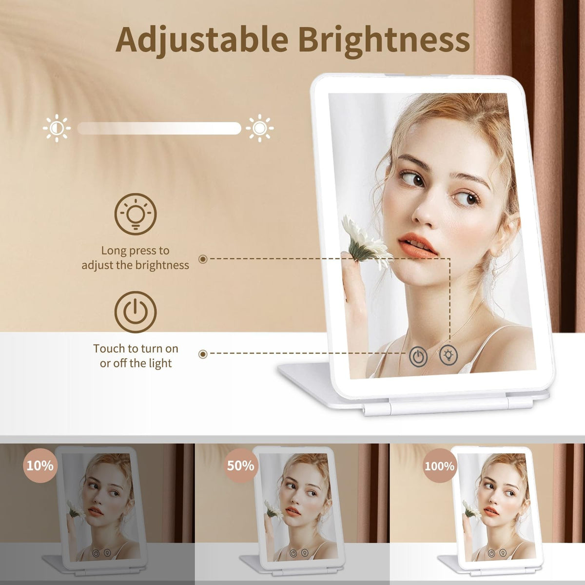 Dimmable LED Lighted Makeup Mirror with Touch Control and 10x Magnifier