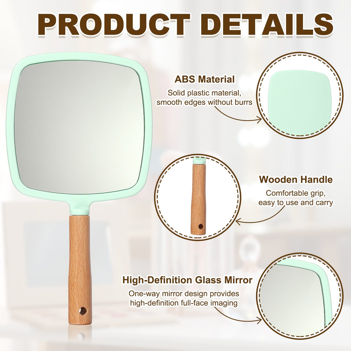 Wooden Handheld Makeup Mirror Square Portable Vanity Mirror Green