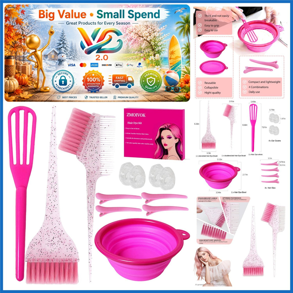 Hair Dye Kit with Brush Bowl Clips for Home Salon Use - 12 Pieces