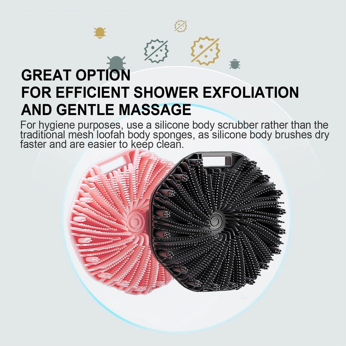 Silicone Body Scrubber, Exfoliating Medium-Bristle Brush, Black and
