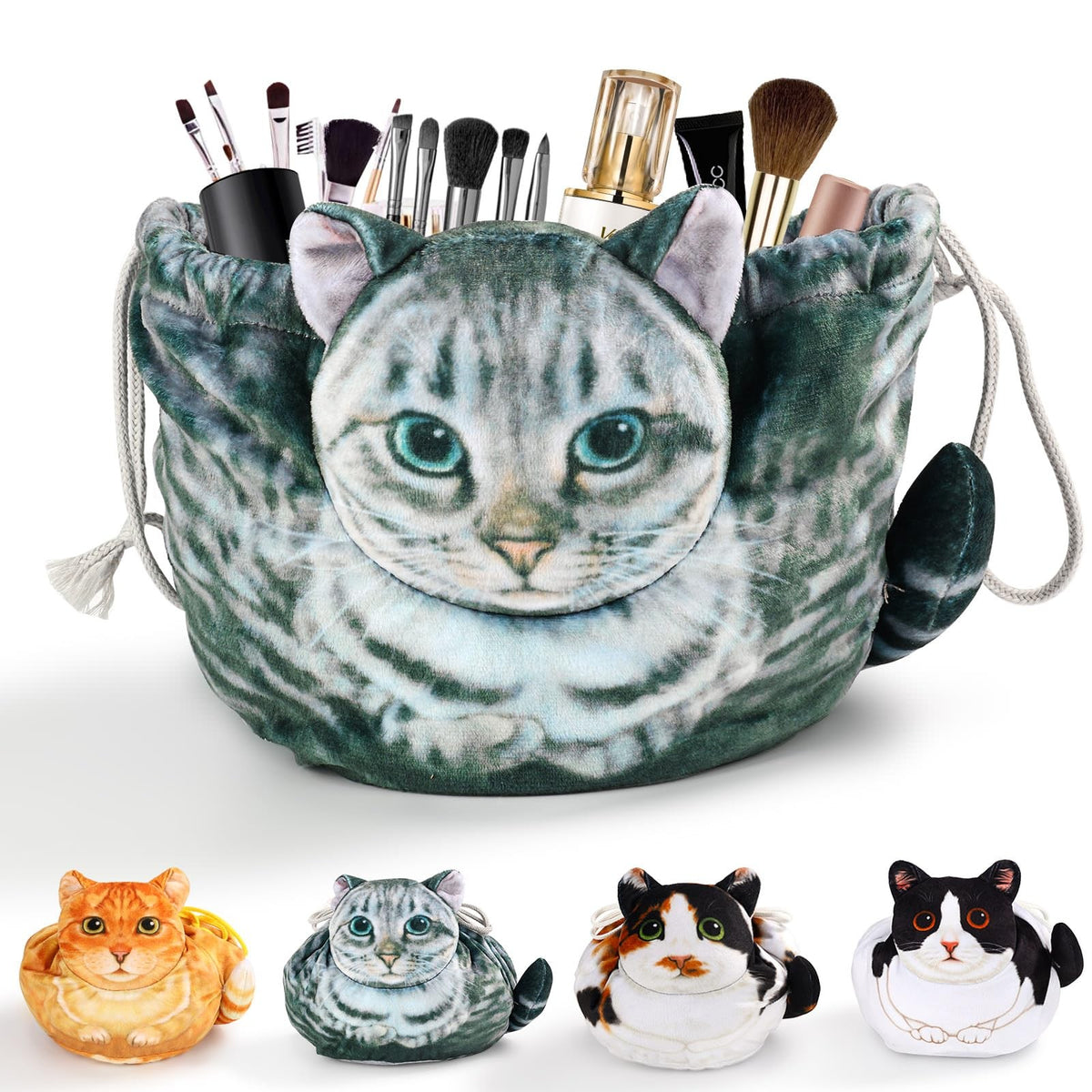 Cute Cat Shaped Drawstring Makeup Bag for Women - Grey Tabby Cosmetic Case