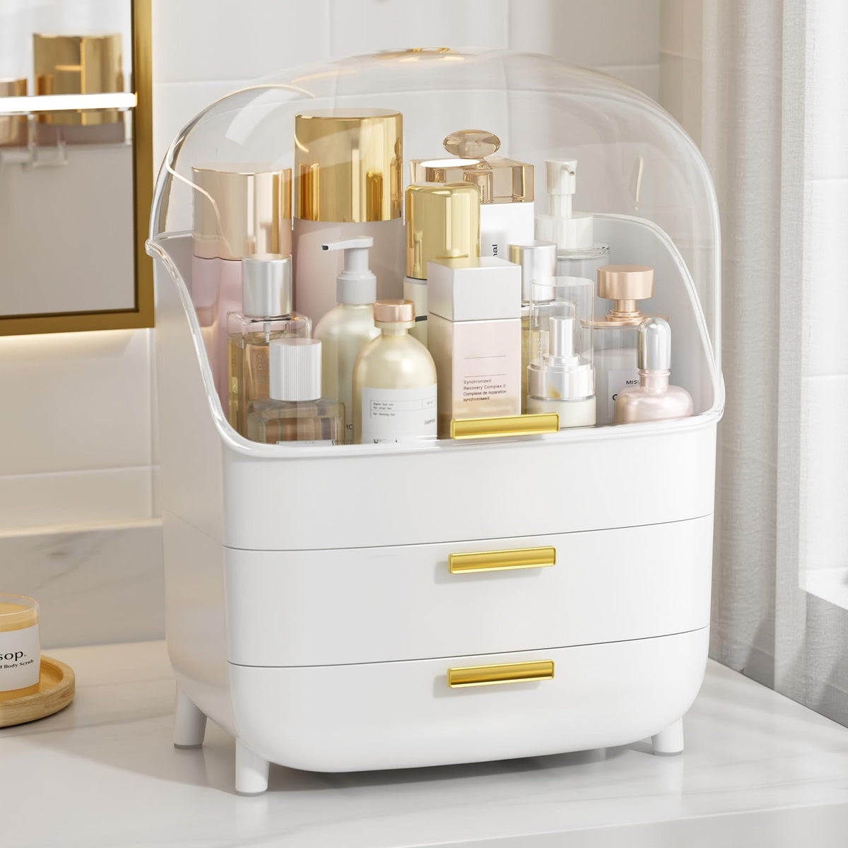3-Tier Skincare Makeup Organizer with Drawers and Dustproof Lid - White