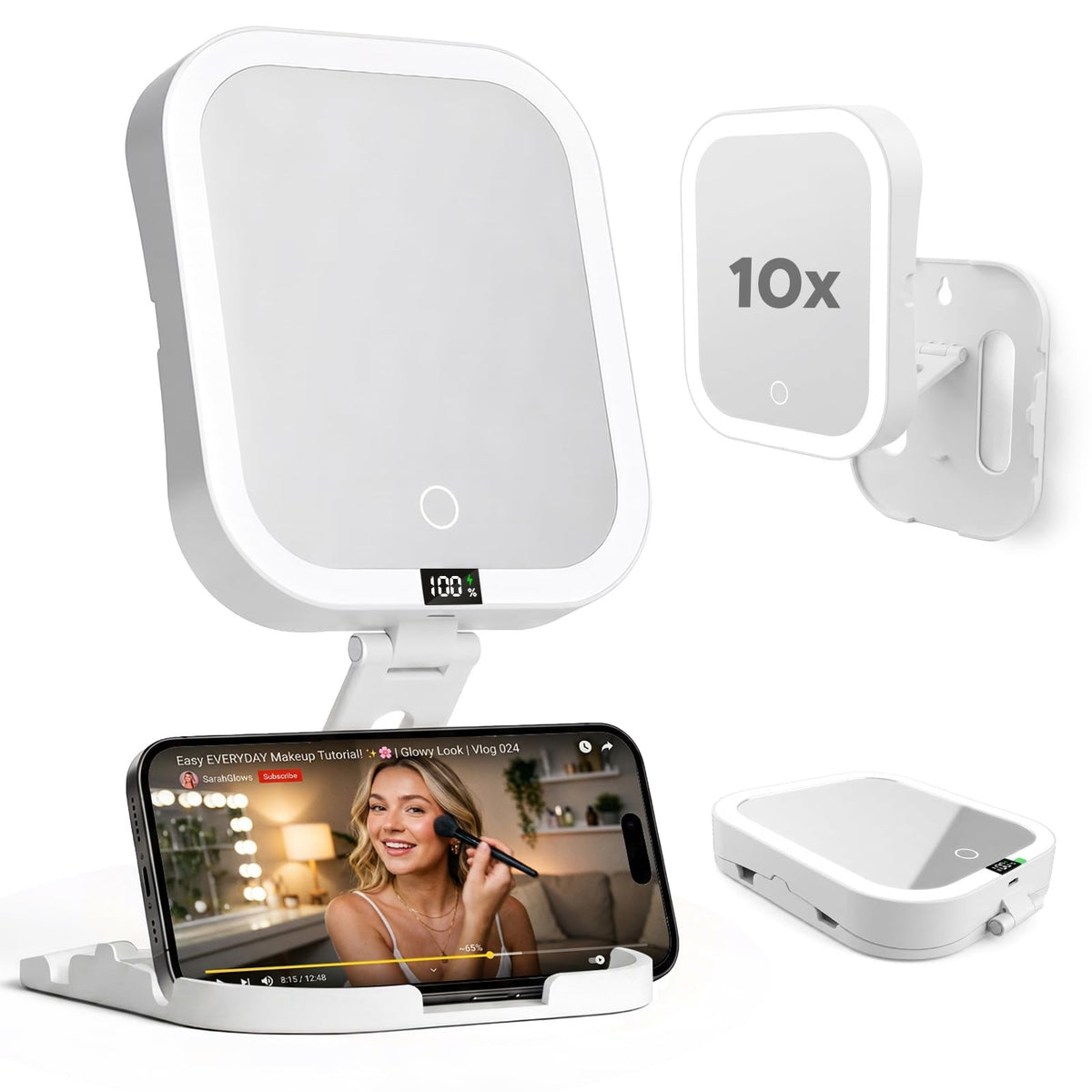 Travel Makeup Mirror with Lights, 10X & 1X Magnification, Dimmable LED, Foldable & Portable