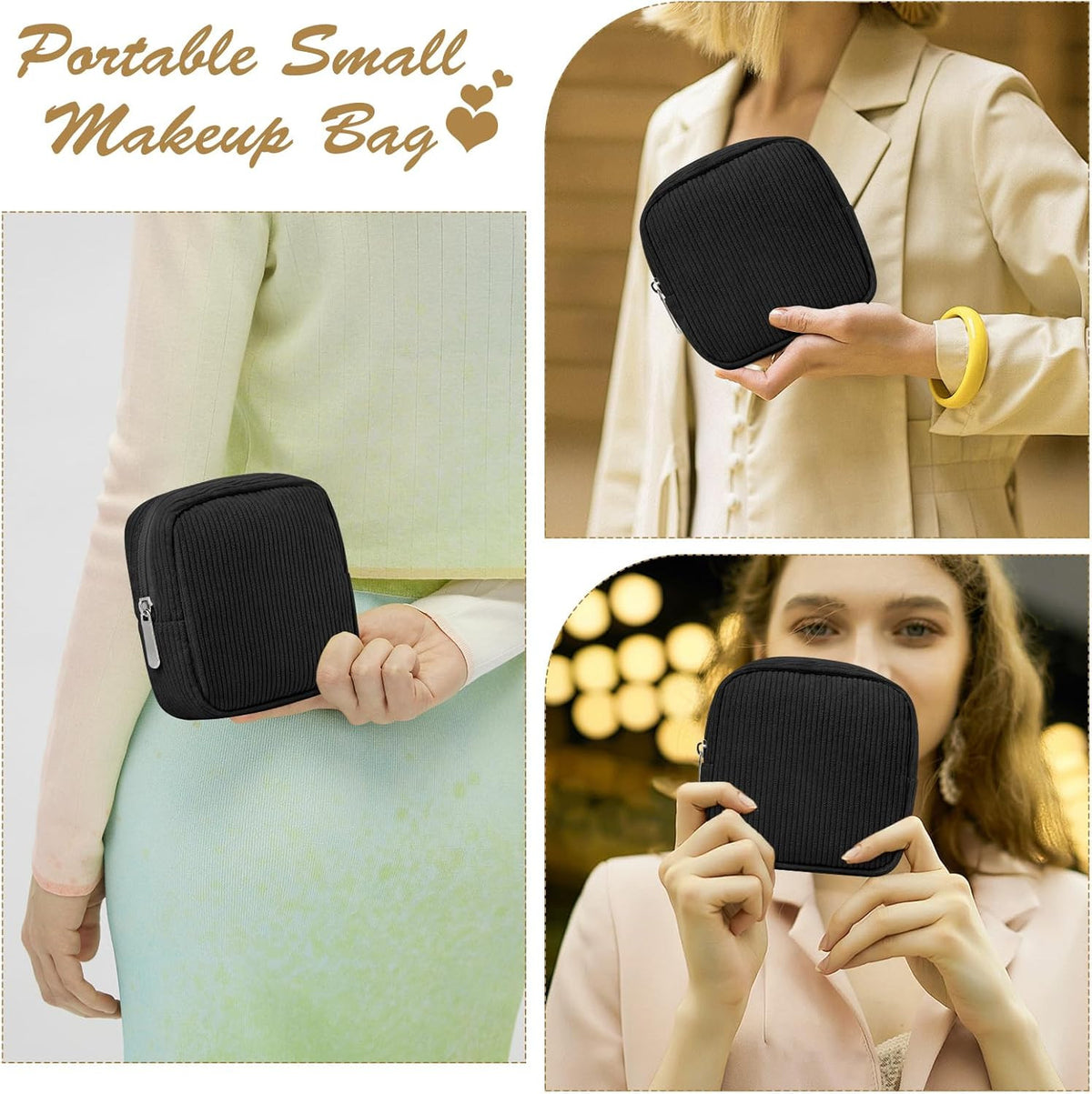 Mini Corduroy Makeup Bag with Zipper — Small Pouch for Purse, Travel