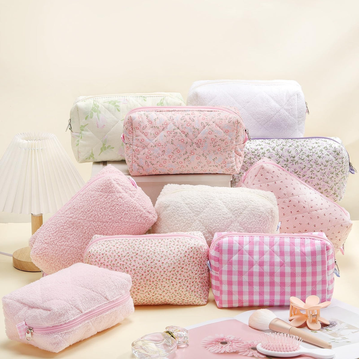 10 Pcs Quilted Makeup Bag Set with Floral Cotton Design Travel Organizer