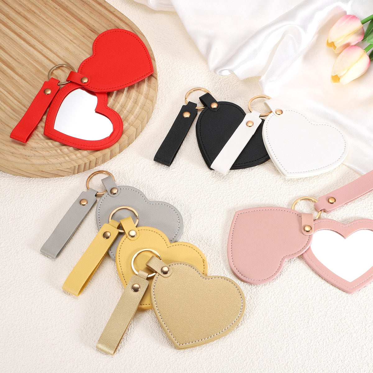 Mini Heart-Shaped Keychain Mirror with Leather Cover Pink Compact Travel Accessory