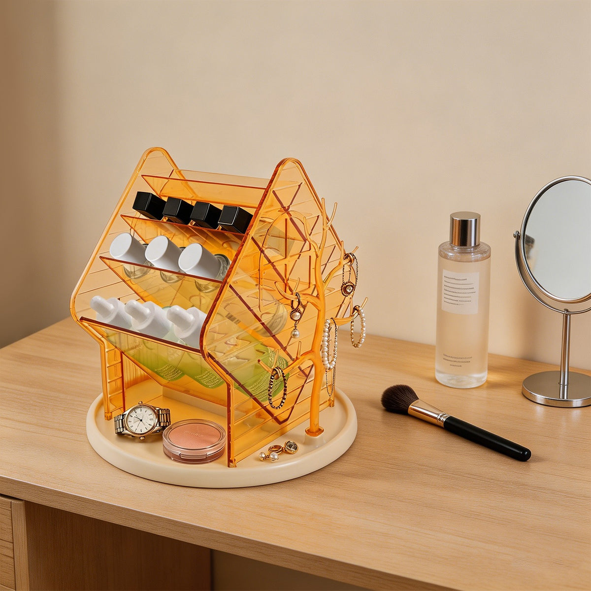 360° Rotating Makeup Organizer with Multiple Compartments - Clear Plastic Storage