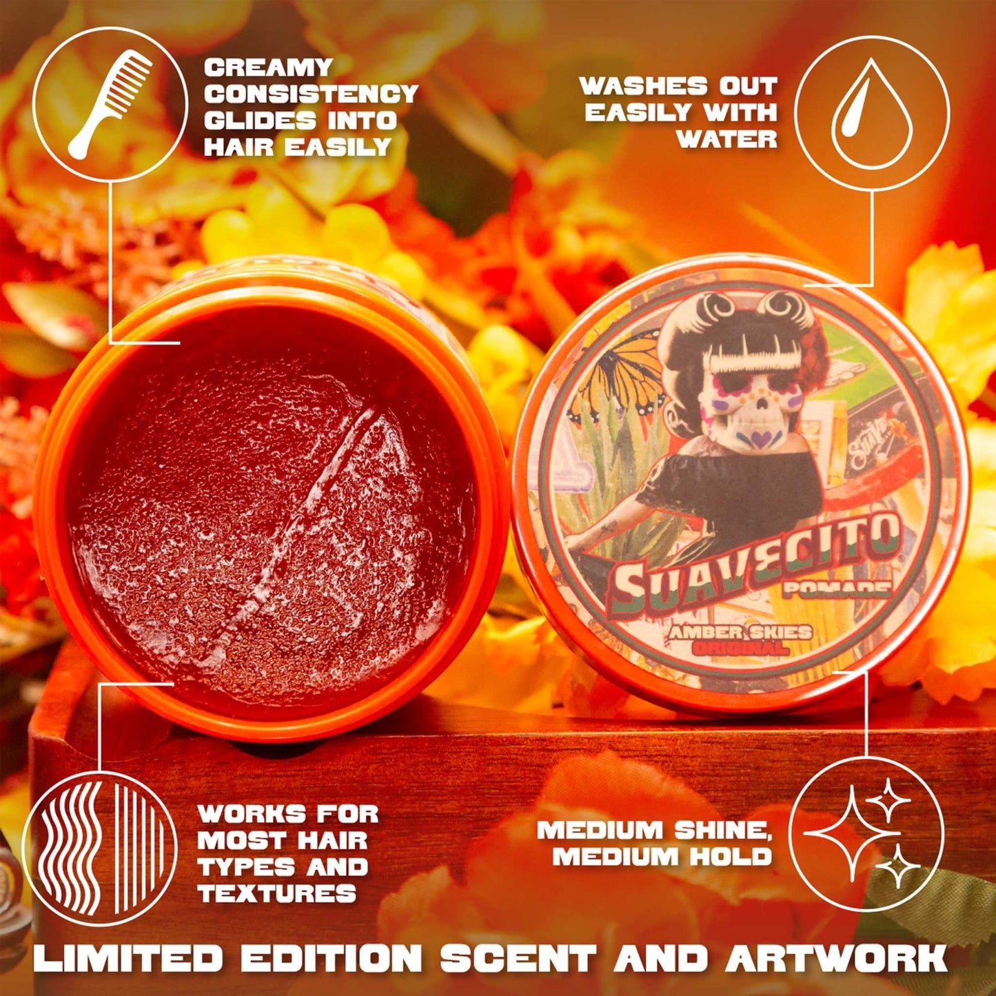 Suavecito Amber Skies Water-Based Pomade 4oz. Strong Hold & Shine
