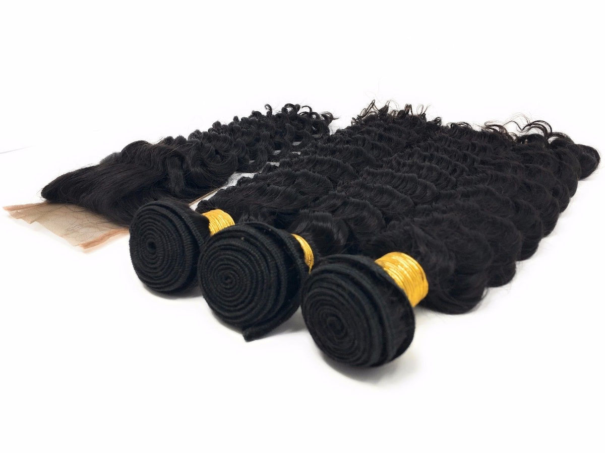 Deep Wave Virgin Human Hair Bundles with Free Part Lace Closure Set