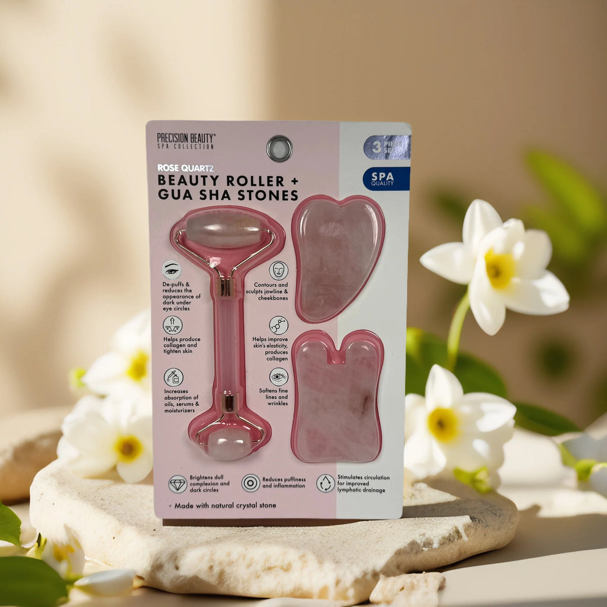Rose Quartz Facial Roller Gua Sha Set for Skin Lifting & De-Puffing