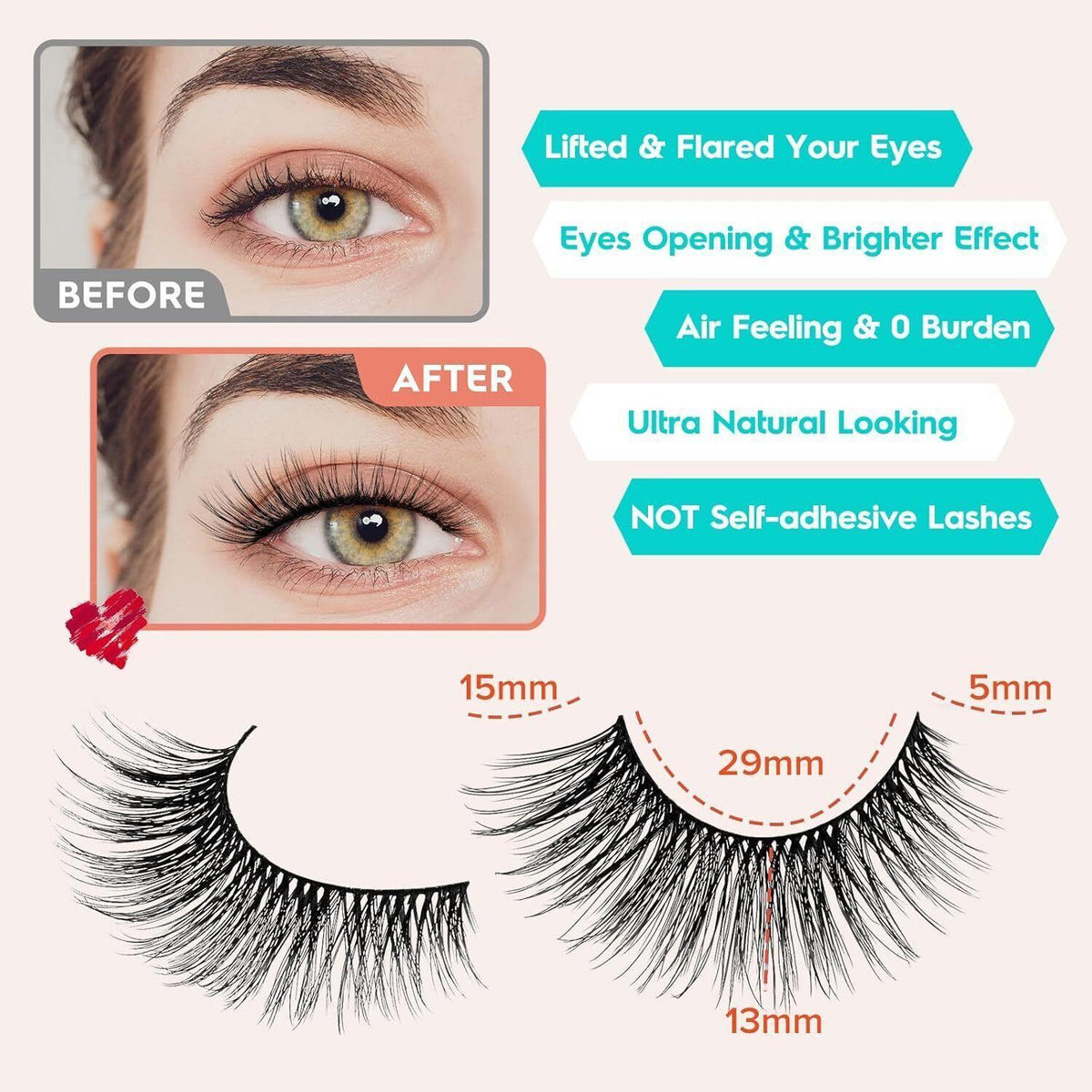 Wispy Cat Eye False Eyelashes 15mm Length Natural Fluffy Strip Lashes