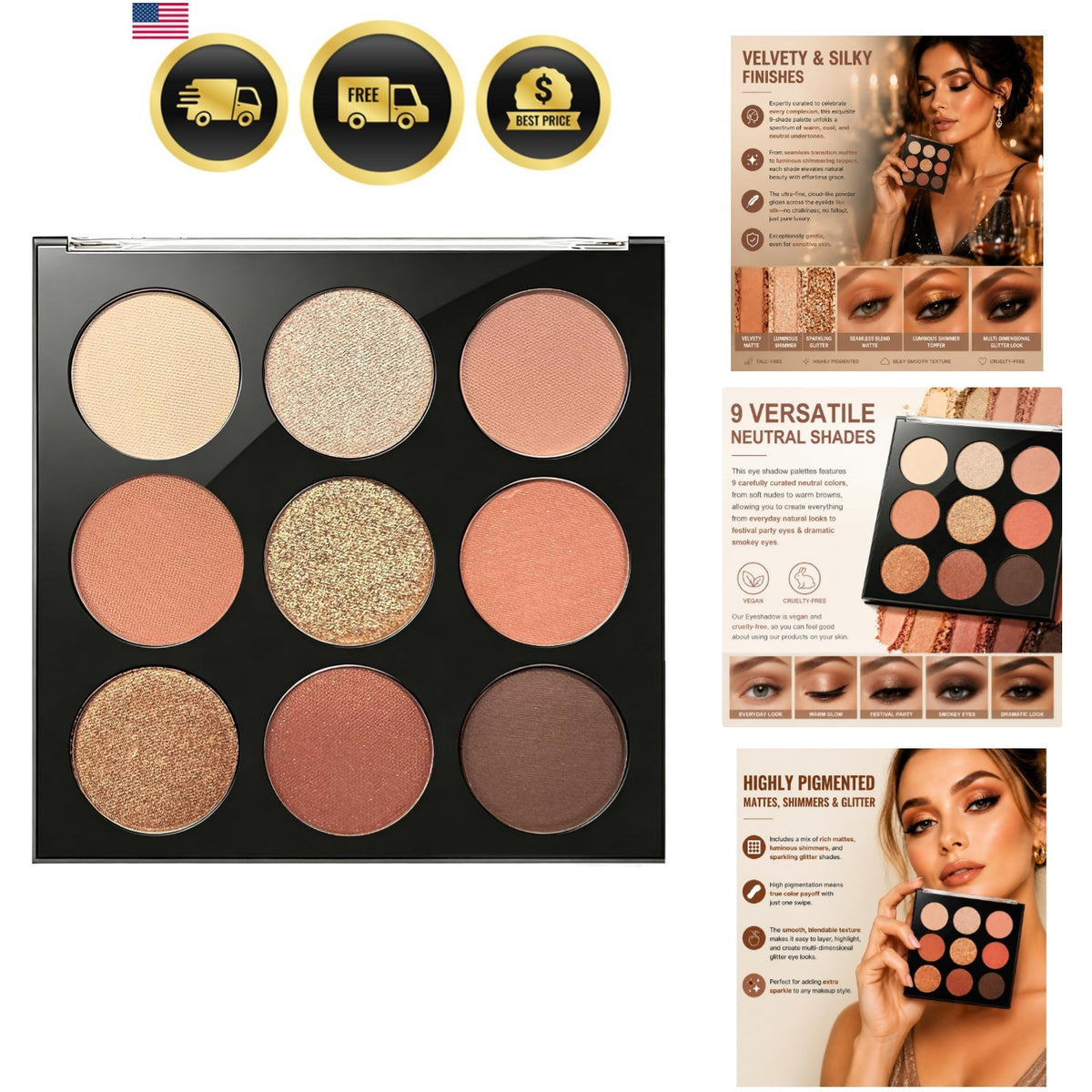 Neutral Eyeshadow Palette with 9 Colors - Long-Lasting, Natural & Shimmer Finishes