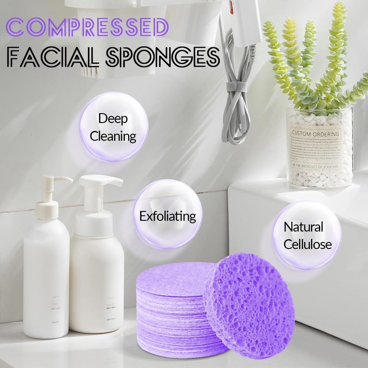 Compressed Natural Cellulose Facial Sponges 50 Count for Cleansing & Exfoliating
