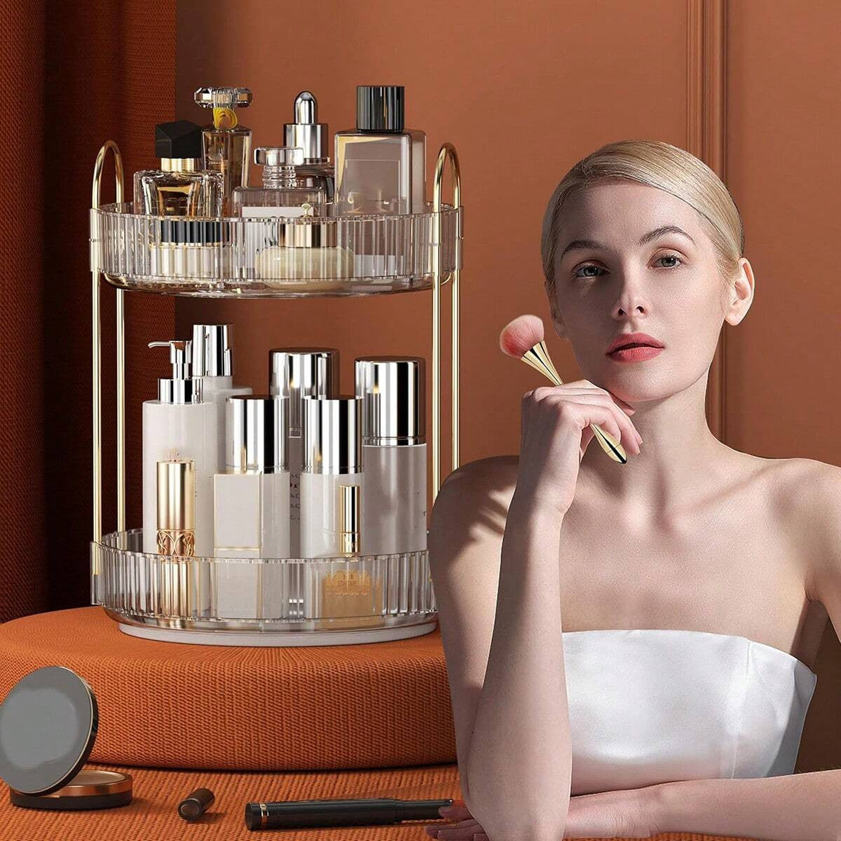 360° Rotating Makeup Organizer 2-Tier Bathroom Storage for Cosmetics