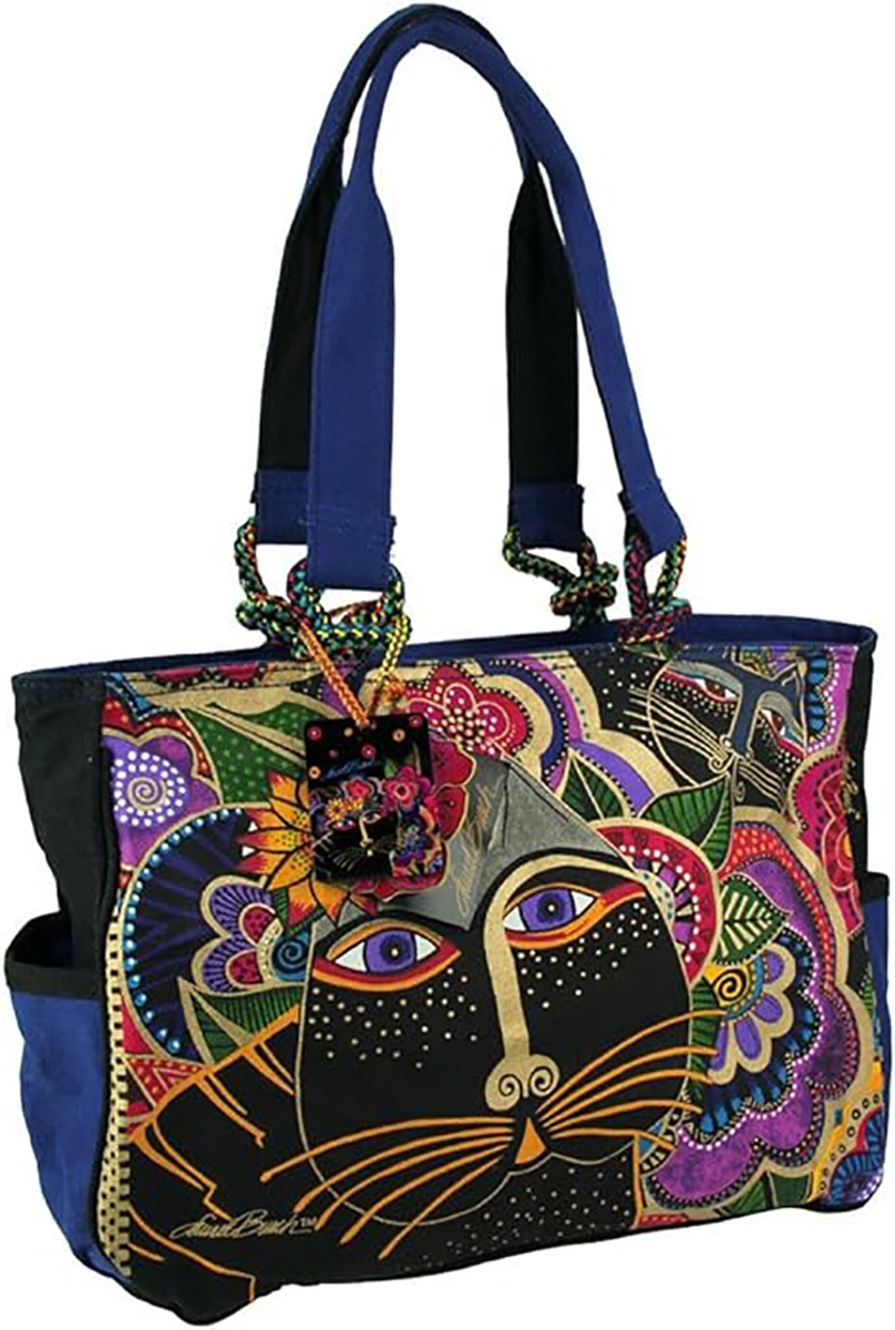 Medium Cat Tote Bag with Floral Accents and Top Handles - Multicolor