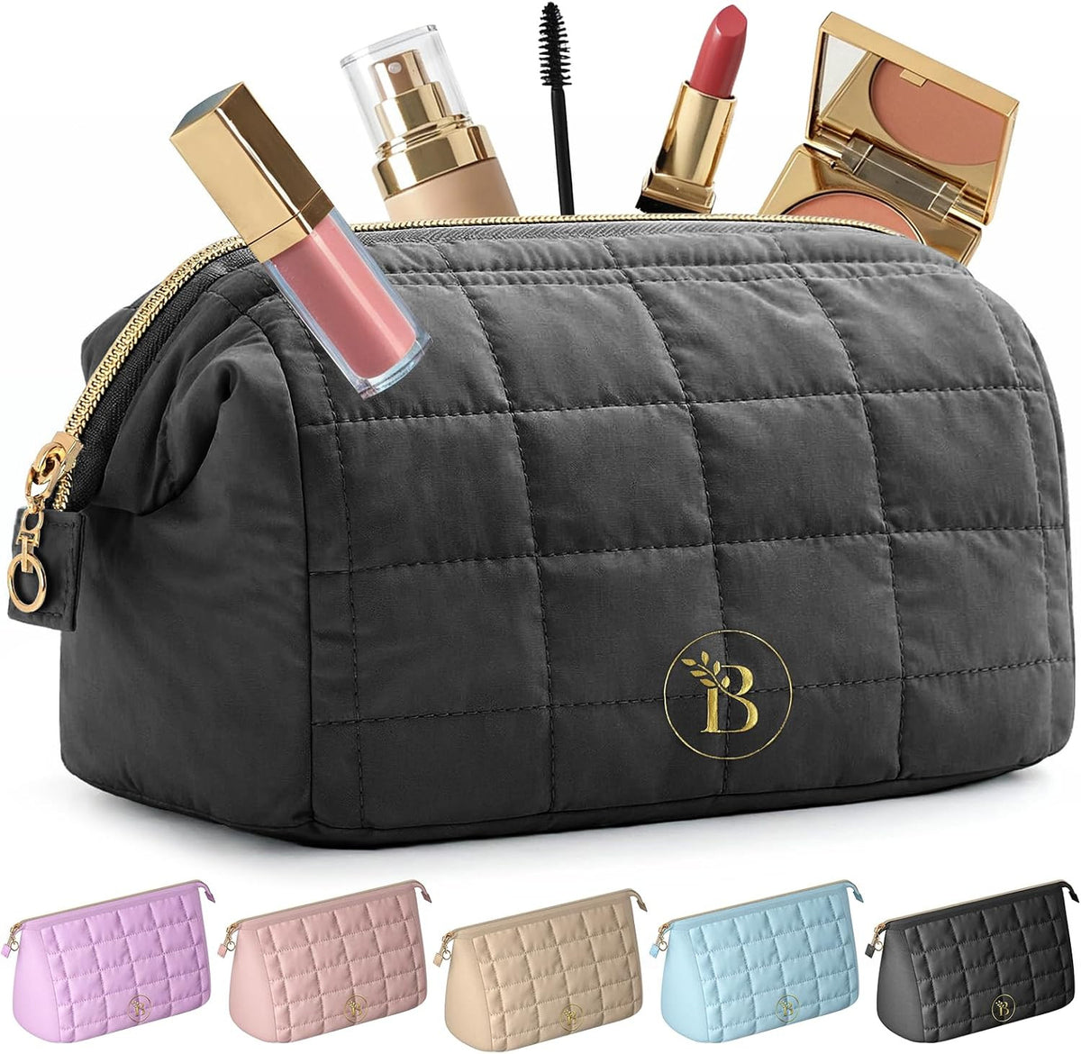 Quilted Black Makeup Bag | Travel Toiletry Organizer with Wide-Open Top