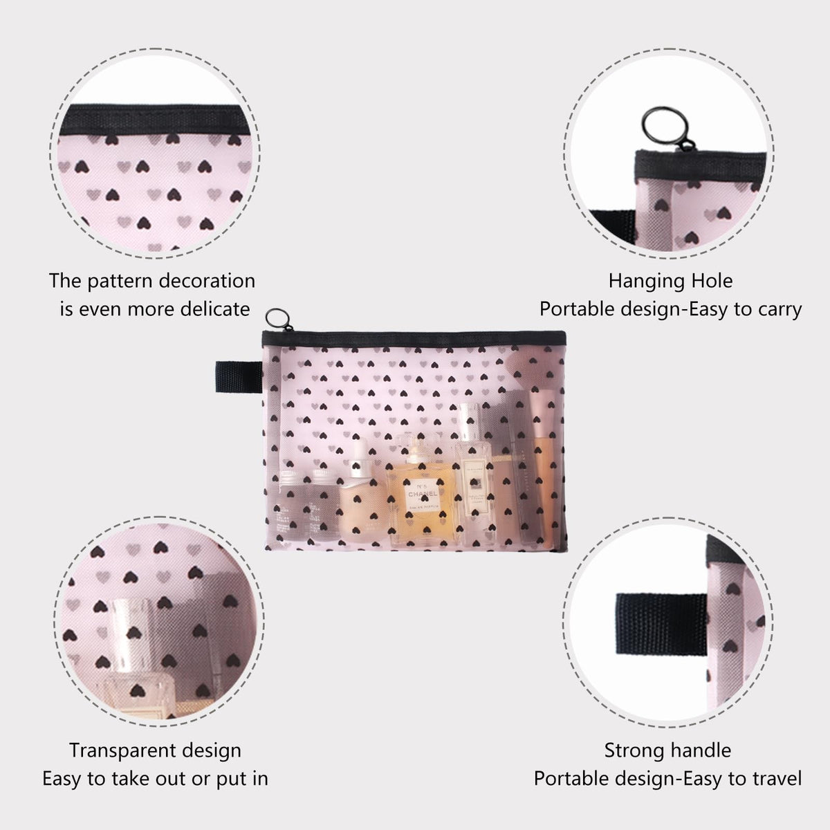 4-Piece Mesh Makeup Bag Set with Heart Print - Travel Cosmetic Organizer