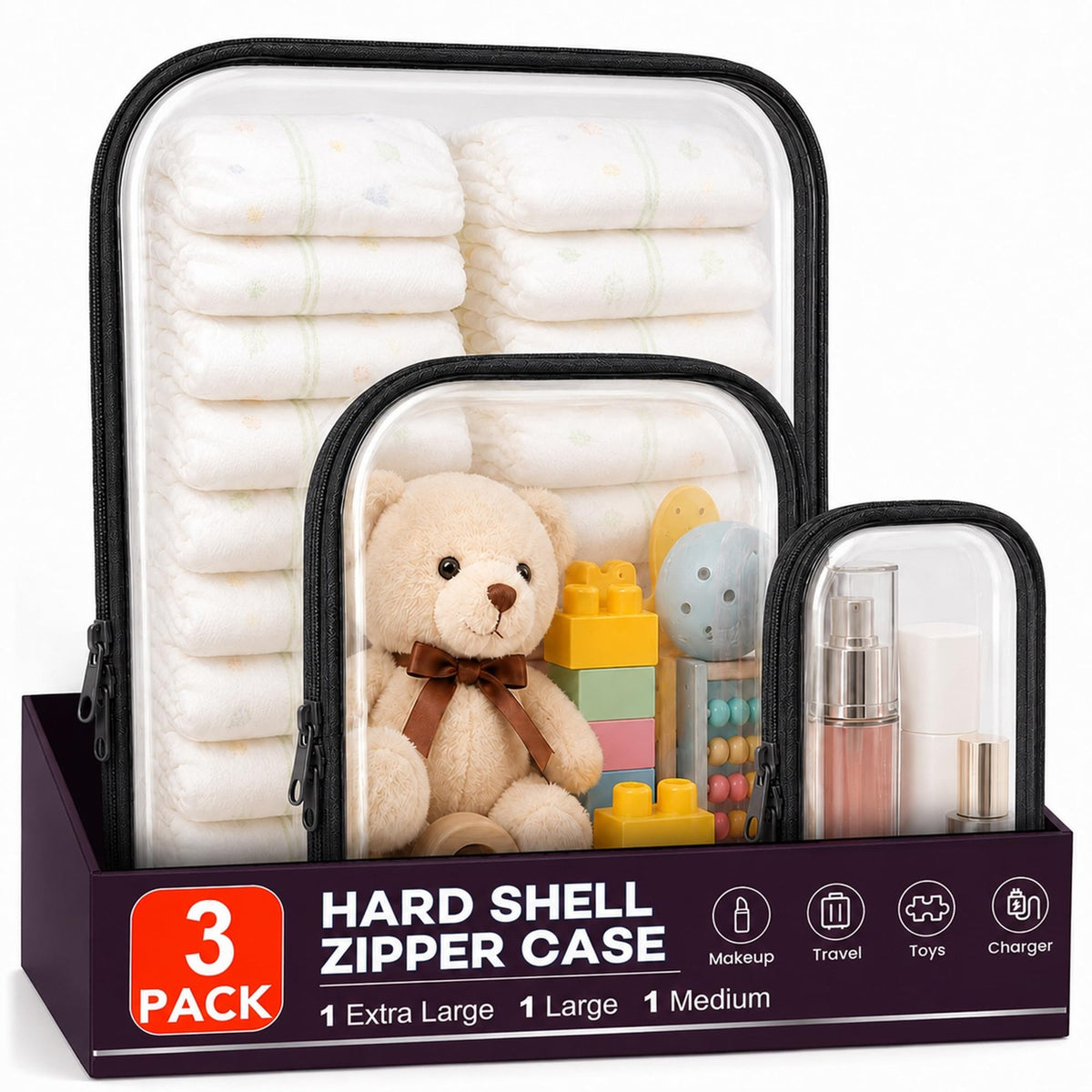 3 Pack Transparent Hard Shell Zipper Cases for Travel and Storage