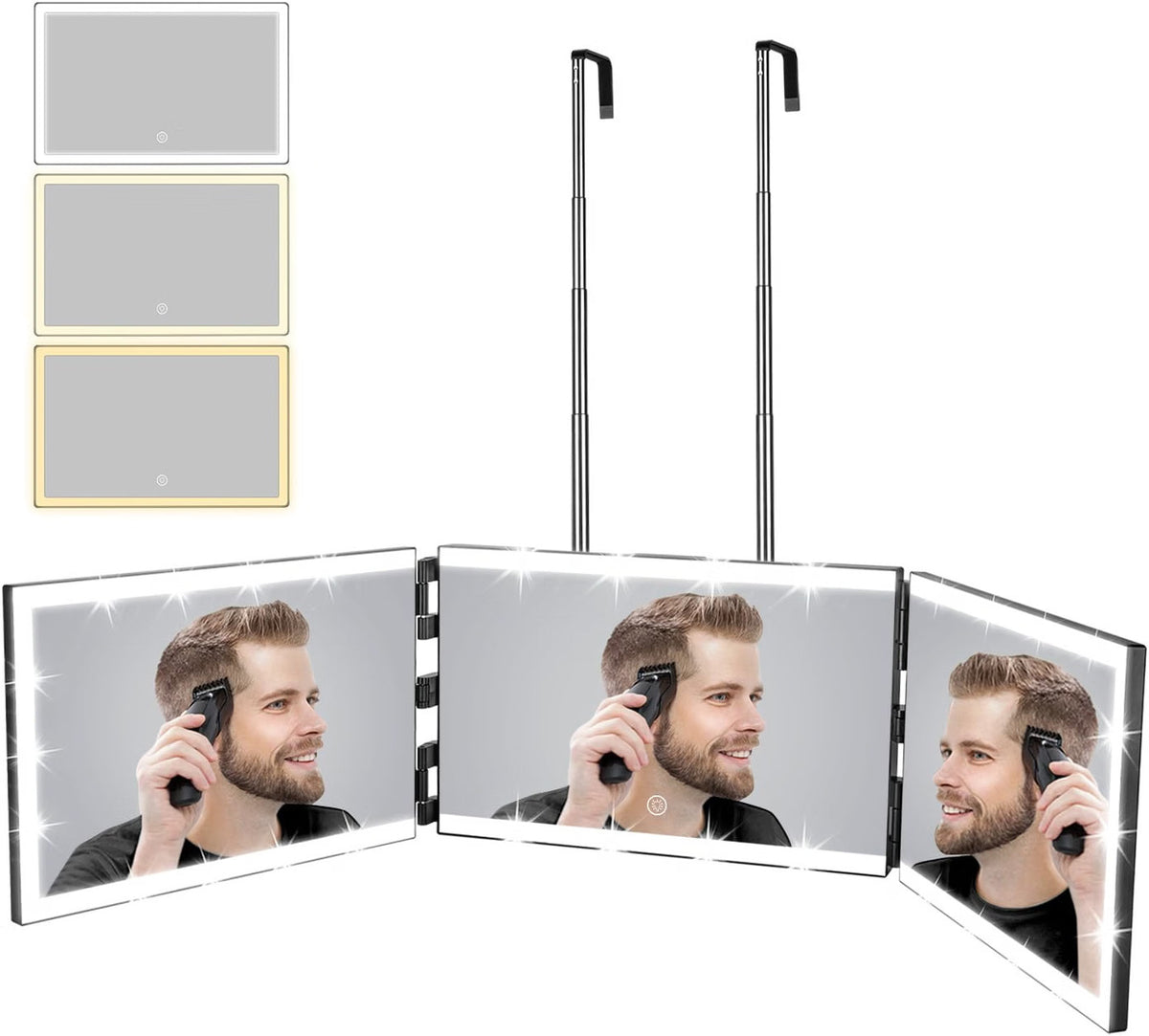 Rechargeable 3-Way Mirror with 8 LED Light Strips for Self Hair Cutting