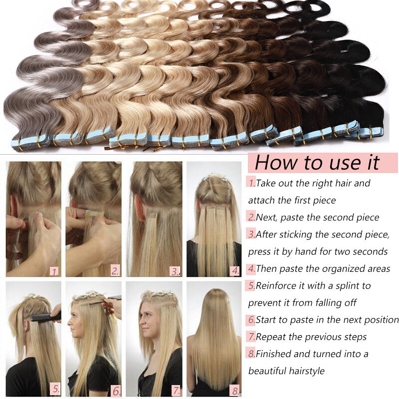 Remy Human Hair Extensions Tape In Full Head Wavy Balayage 200g