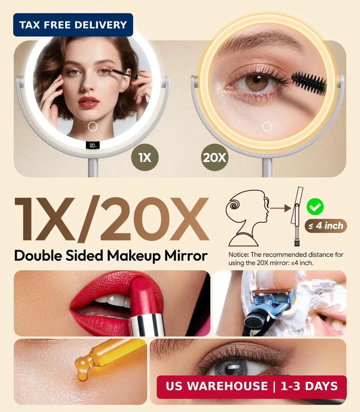 7-Inch Lighted Makeup Mirror with 1X/20X Magnification, Adjustable Height & LED Lights