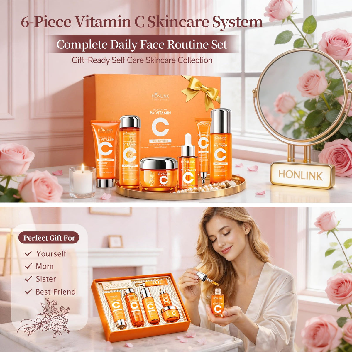 Vitamin C Niacinamide Facial Skincare Set - Complete 6-Step Routine for All Skin Types