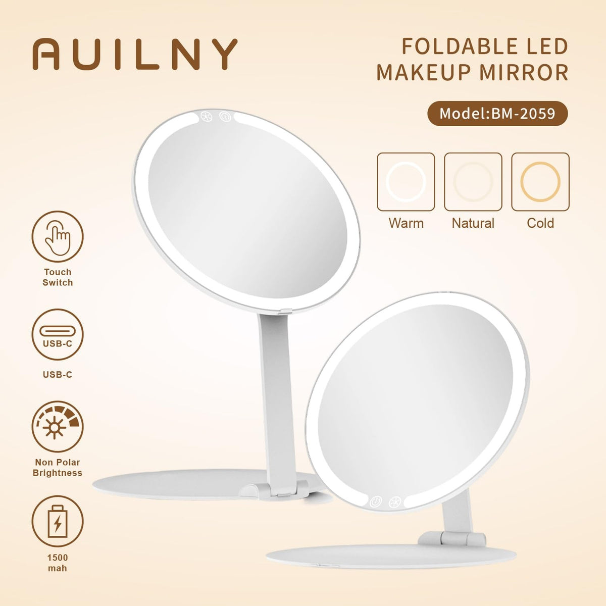 Portable Foldable Makeup Vanity Mirror with Lights Touch Control