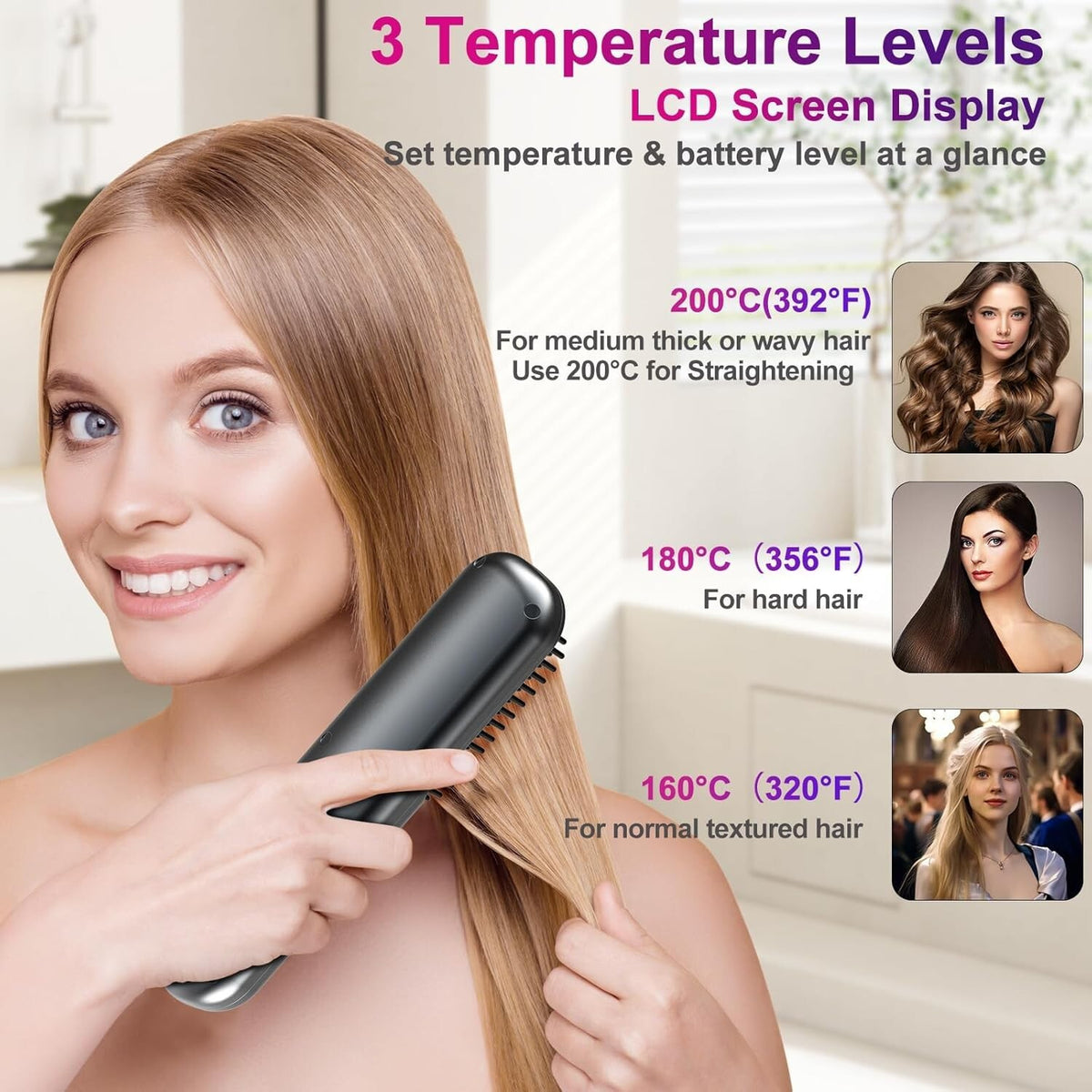 Cordless Hair Straightening Brush with Ion Care - 3 Temp Ceramic Glow