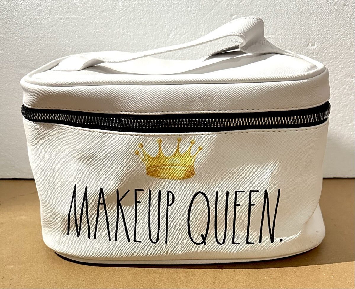 Rae Dunn Makeup Queen Crown Cosmetic Bag with Zippered Train Case - White & Black