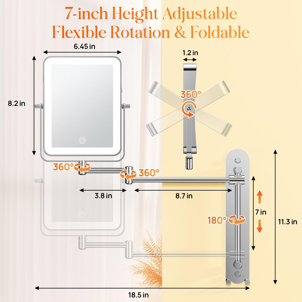 Height Adjustable Wall-Mounted Lighted Makeup Mirror with 10X Magnification and Hooks